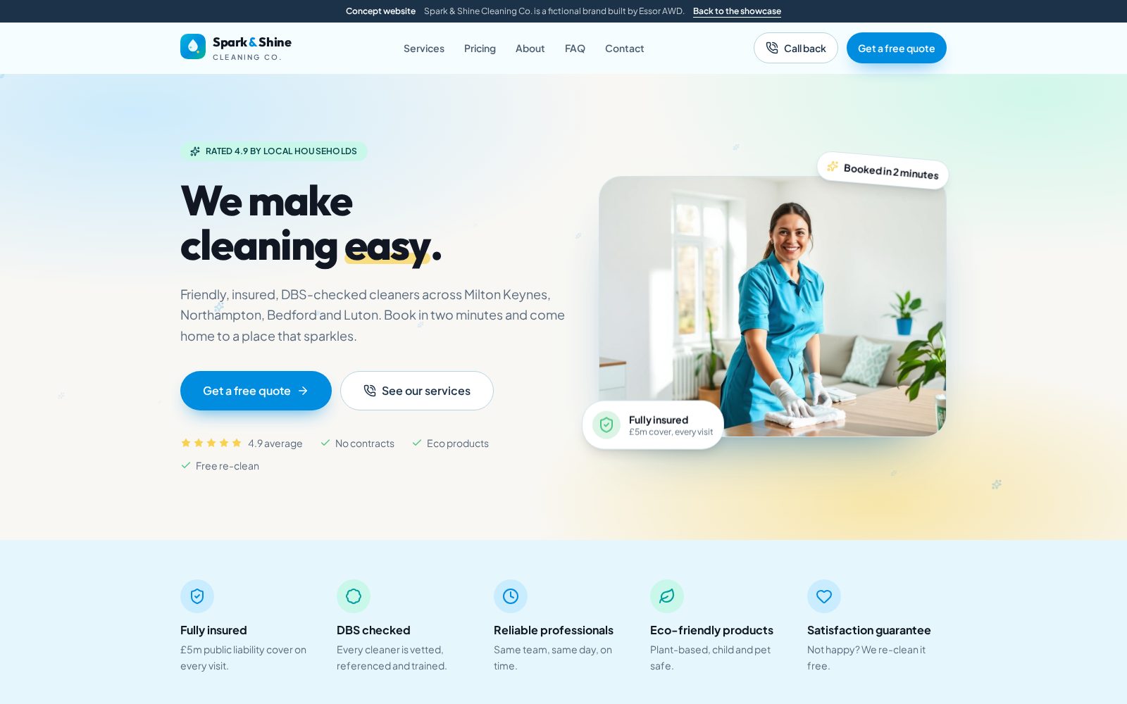 Desktop preview of the Spark & Shine Cleaning Co. website concept