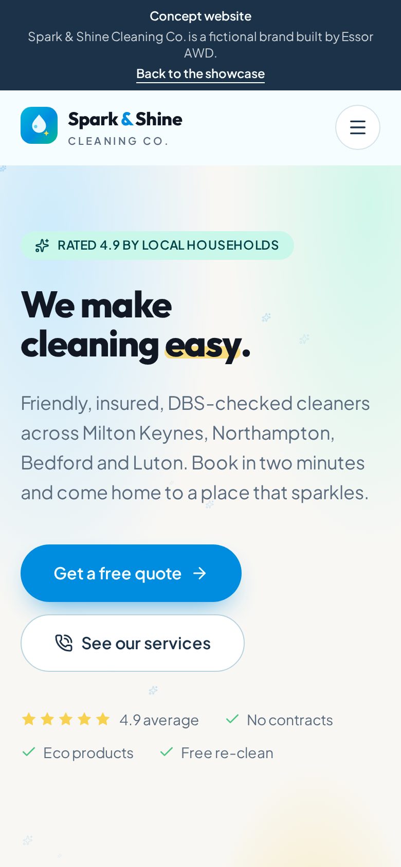 Mobile preview of the Spark & Shine Cleaning Co. website concept